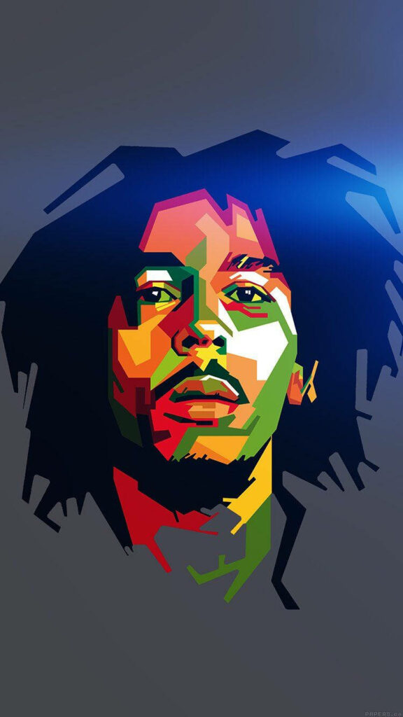 Vibrant Bob Marley pop art wallpaper geometric colorful portrait iconic reggae musician dark background