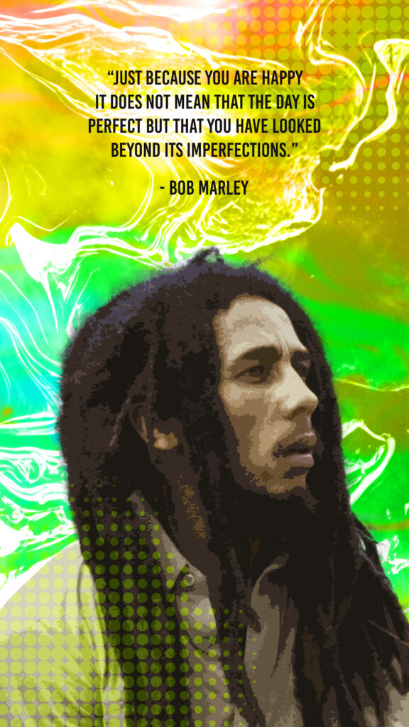 Bob Marley portrait wallpaper with colorful abstract background and inspiring happiness quote