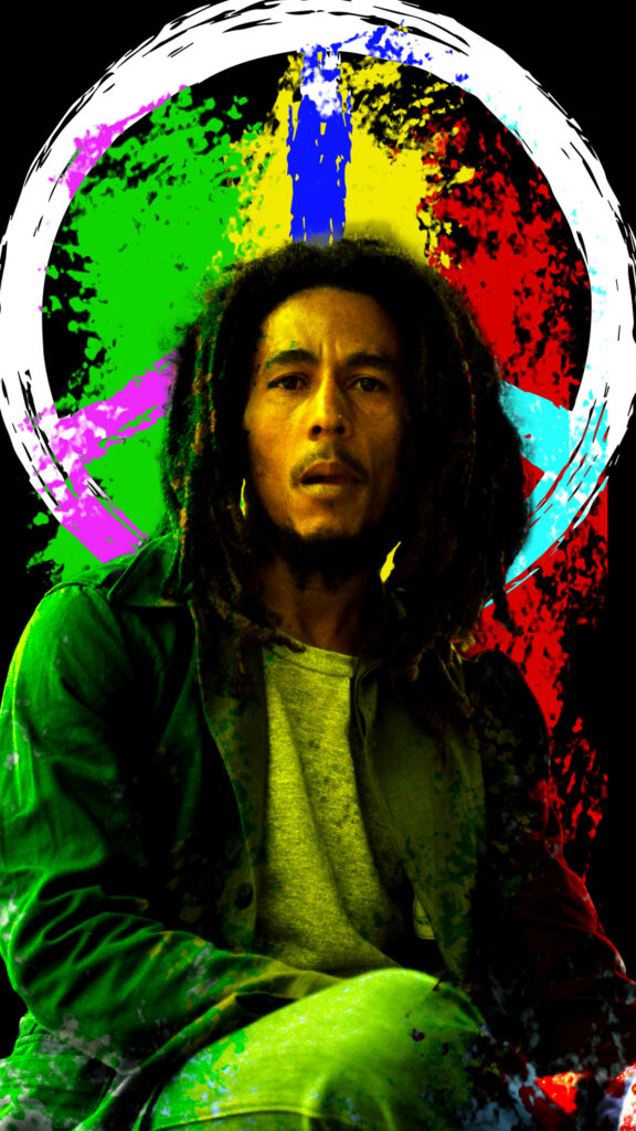 Bob Marley wallpaper with reggae colors and peace sign symbol reflecting music icon influence
