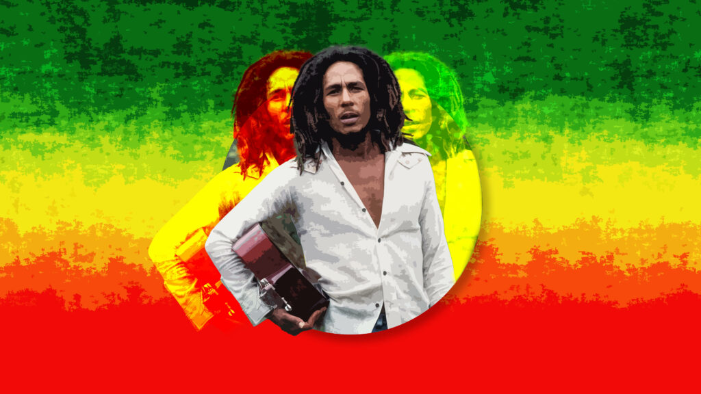 Bob Marley with guitar on textured green yellow red reggae flag background wallpaper