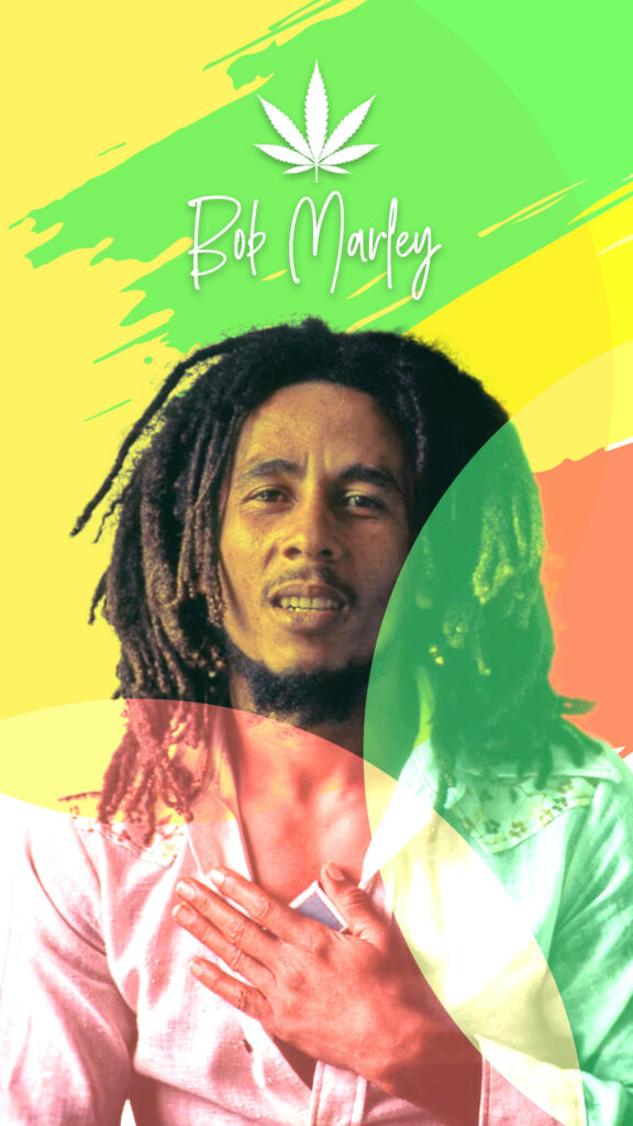 Bob Marley with hand on chest vibrant yellow green red background iconic reggae spirit wallpaper
