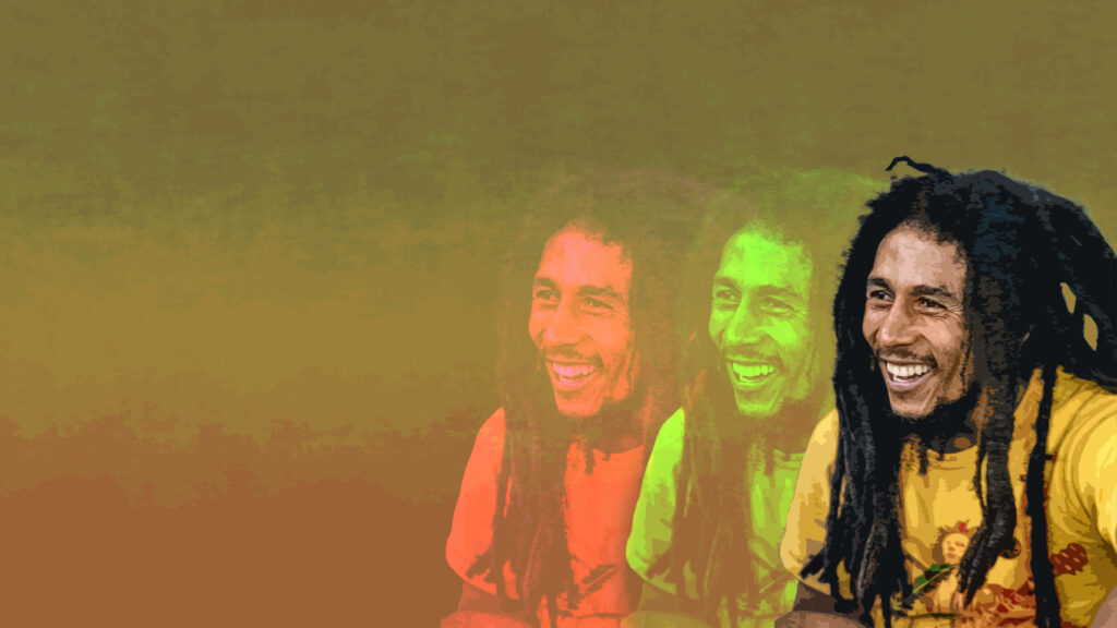 Vibrant Bob Marley wallpaper with three red green yellow shaded portraits on gradient background
