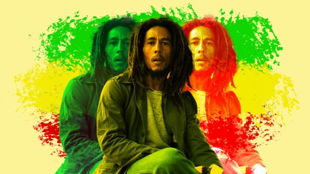 Bob Marley serious portrait with vibrant green yellow red reggae theme creative wallpaper background