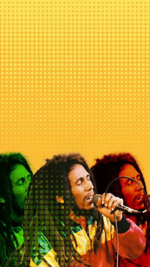 Bob Marley singing passionately reggae music wallpaper vibrant yellow background graphic spots