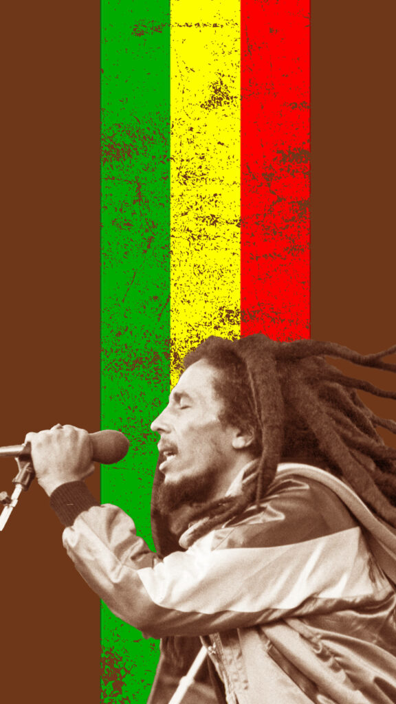Bob Marley singing passionately with Rastafarian green yellow red striped background wallpaper