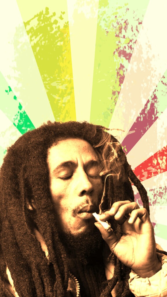 Bob Marley smoking reggae vibe vibrant striped wallpaper background iconic musician image