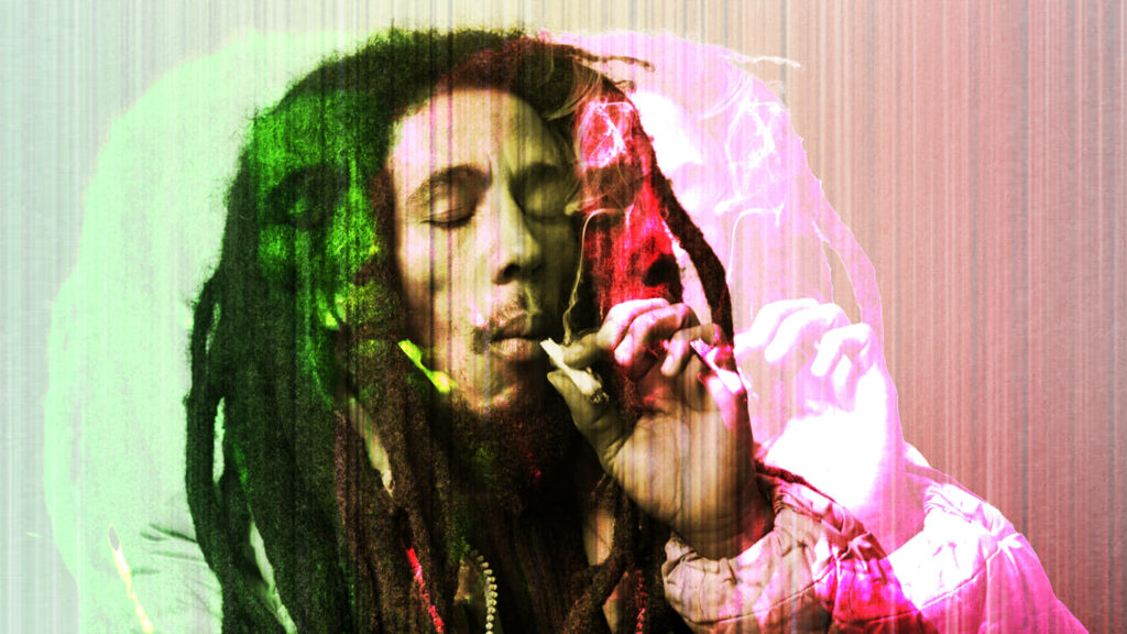 Bob Marley smoking a joint vibrant wallpaper with textured art capturing his laid-back vibe