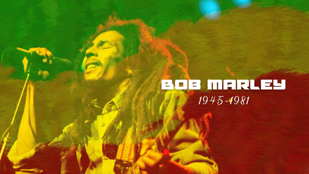 Bob Marley performing vibrant reggae wallpaper with red green yellow background and life years displayed