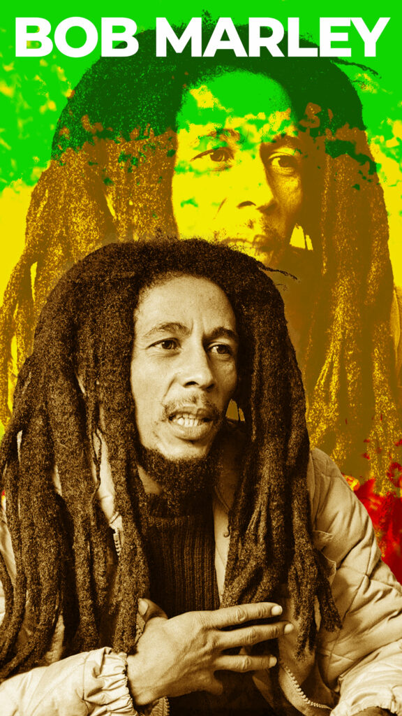 Bob Marley portrait wallpaper with bold white name on vibrant green yellow red reggae background