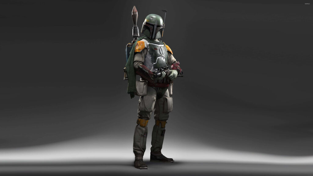 Boba Fett: Confident Armor Wallpaper on Minimalistic Gray Background