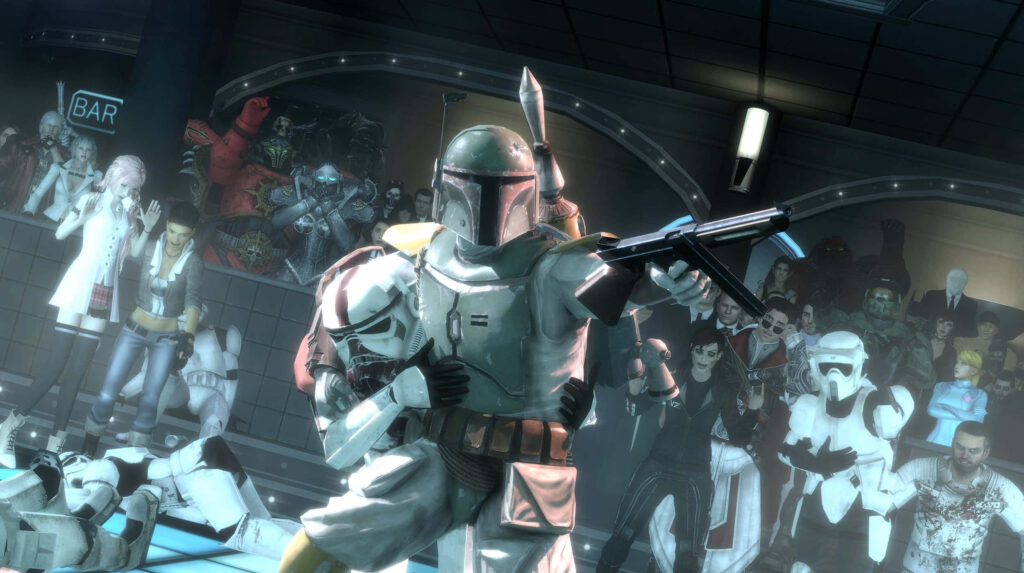 Boba Fett: Iconic Bounty Hunter in Action - Vibrant Wallpaper Background