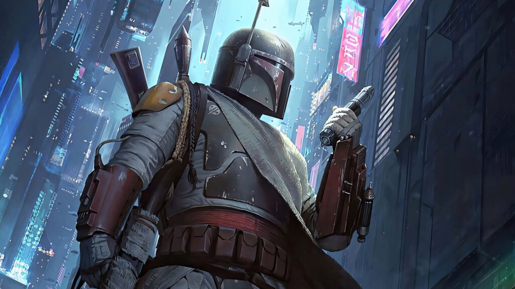 Boba Fett: Legendary Bounty Hunter in Neon Urban Wallpaper