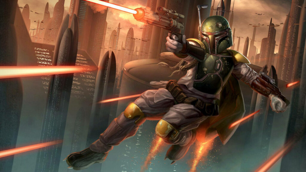 Boba Fett Action Wallpaper: Iconic Star Wars Bounty Hunter Soars