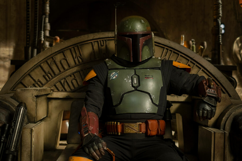 Boba Fett on Throne: Iconic Mandalorian Armor 4K Wallpaper