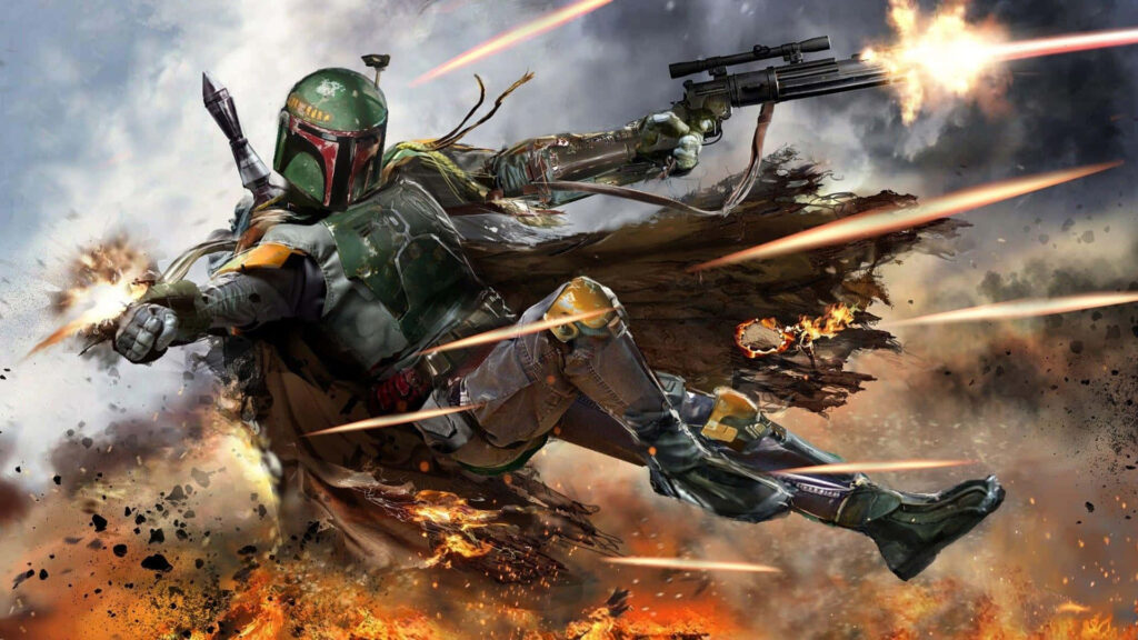 Epic Boba Fett Wallpaper: Iconic Armor Amidst Fiery Battlefield Chaos