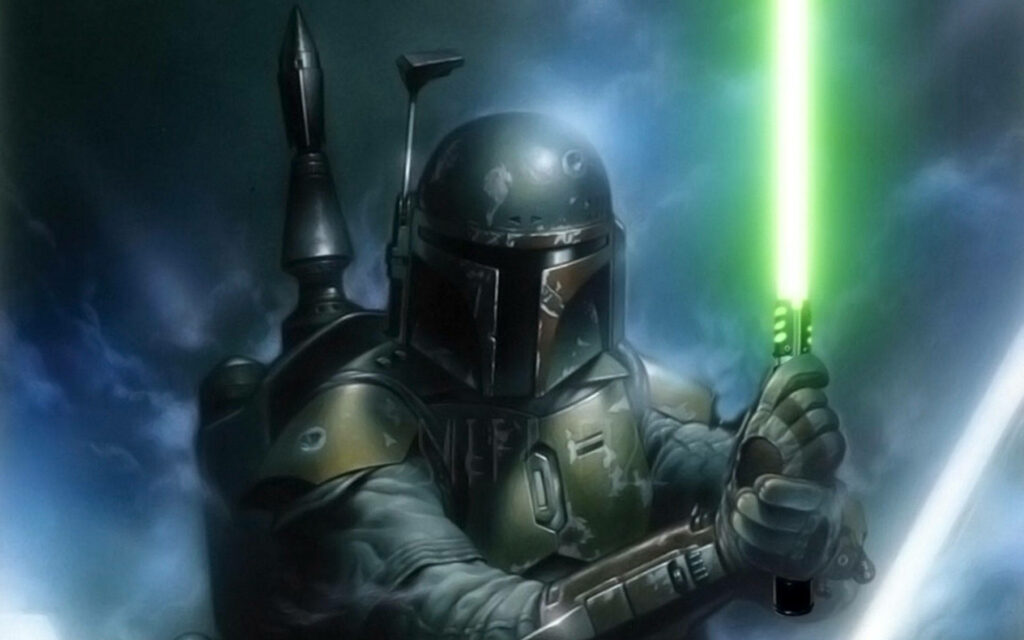Boba Fett Wielding Green Lightsaber - Intense Wallpaper Background