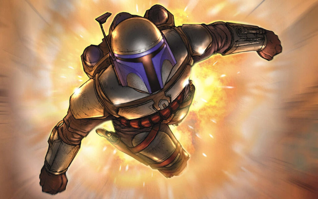 Boba Fett Action Wallpaper: Iconic Bounty Hunter in Explosive Scene