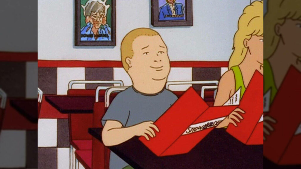 Bobby Hill at fast food restaurant holding menu colorful portraits on wall wallpaper background