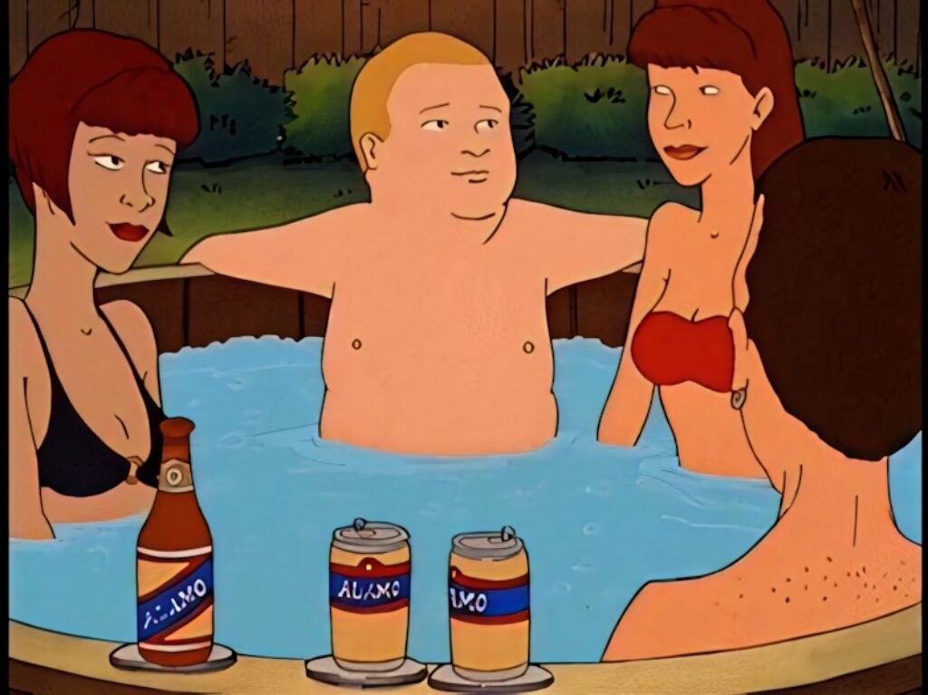 Bobby Hill in hot tub with friends backyard drinks animated series humorous scene wallpaper