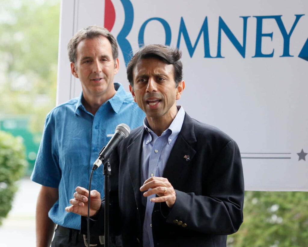 Bobby Jindal speaks at Mitt Romney rally with Tim Pawlenty showing political teamwork wallpaper