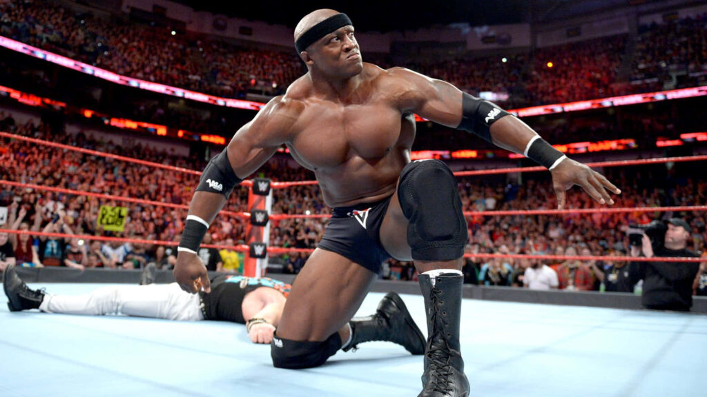 Bobby Lashley displaying power and intensity in WWE Raw ring dynamic wallpaper background