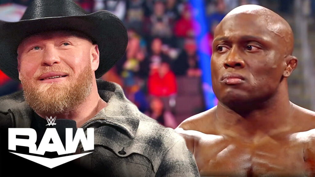 Bobby Lashley versus Brock Lesnar WWE RAW intense face off wallpaper fierce wrestler rivalry