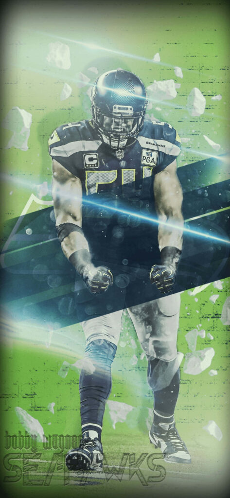 Bobby Wagner intense football pose with shattered effects vibrant green Seahawks wallpaper background