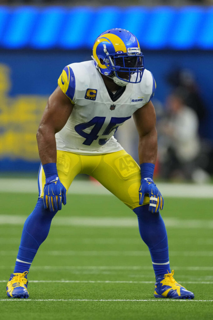 Bobby Wagner in Los Angeles Rams uniform ready position focused linebacker action wallpaper