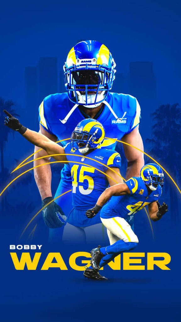 Bobby Wagner in Los Angeles Rams uniform dynamic action pose blue and yellow wallpaper background