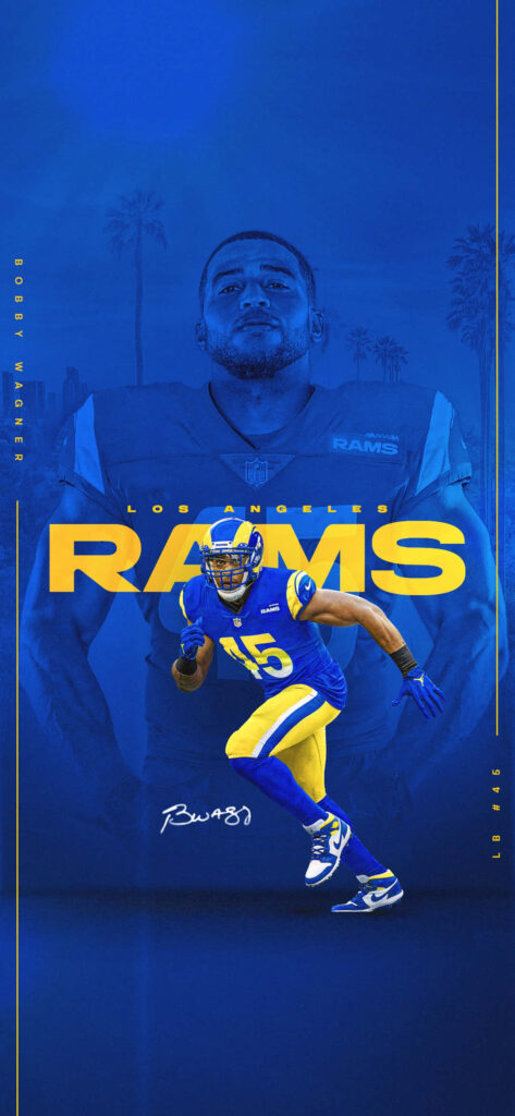 Bobby Wagner Los Angeles Rams wallpaper action shot and portrait in blue and gold tones