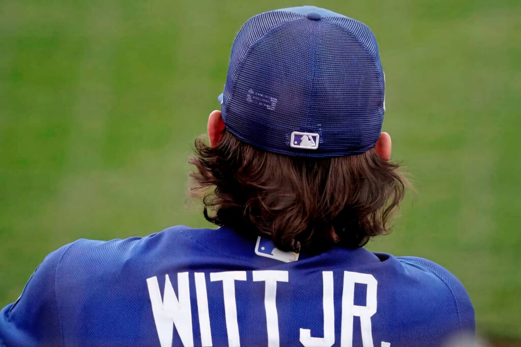 Bobby Witt Jr baseball jersey back view on field wallpaper background MLB player image