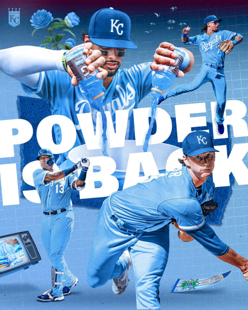 Bobby Witt Jr dynamic collage showcasing Kansas City Royals powder blue uniform and athletic moves Wallpaper