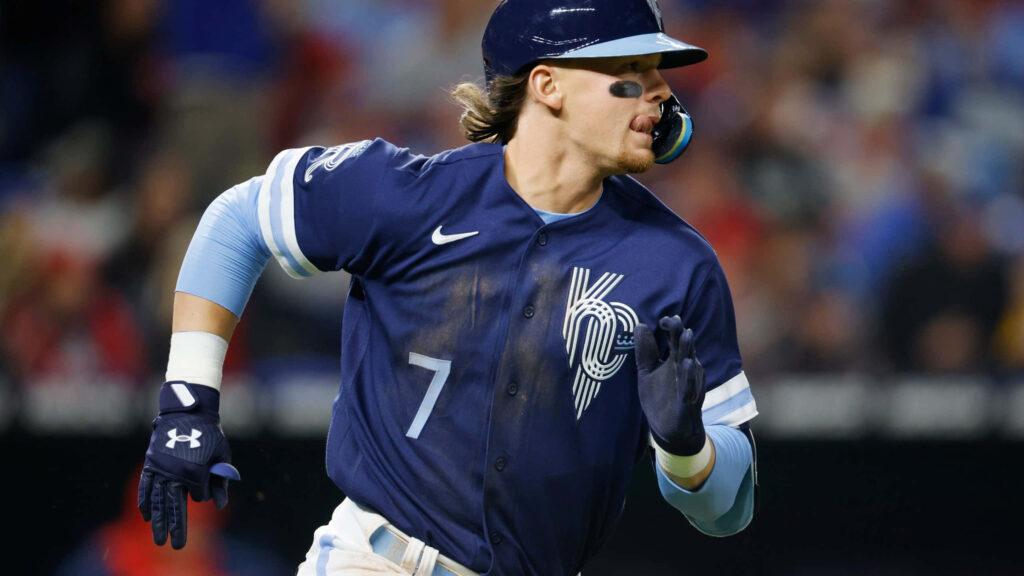 Bobby Witt Jr. in dynamic baseball action showcasing athleticism and intense focus wallpaper