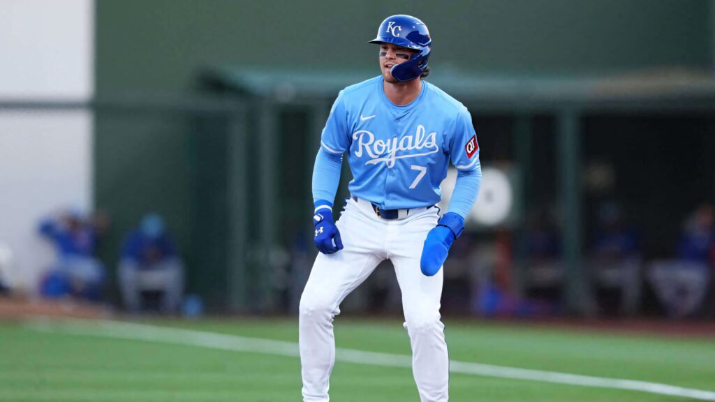 Bobby Witt Jr Kansas City Royals intense game action athletic focus vibrant sports wallpaper background