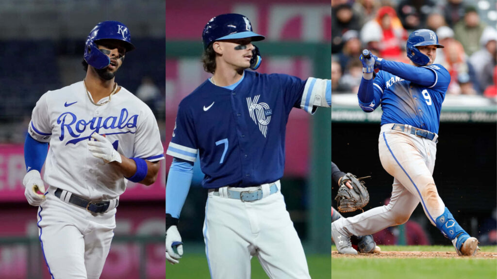 Bobby Witt Jr Kansas City Royals action collage wallpaper showcasing baseball skills and moments