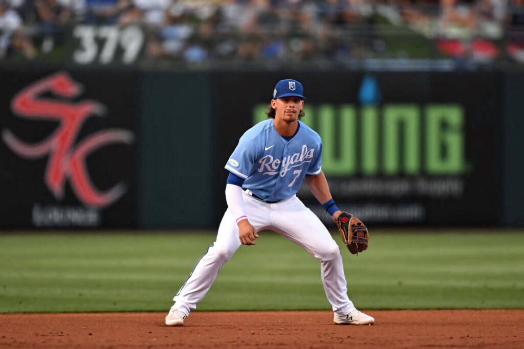Bobby Witt Jr in Kansas City Royals uniform focused defensive stance infield wallpaper background