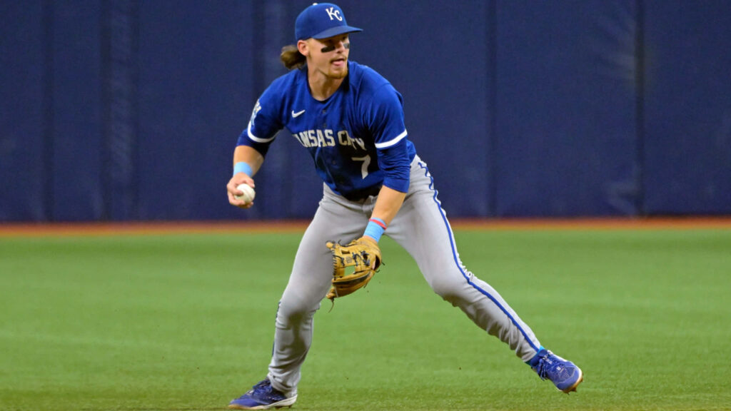 Bobby Witt Jr Kansas City Royals ready to field baseball play dynamic game action wallpaper