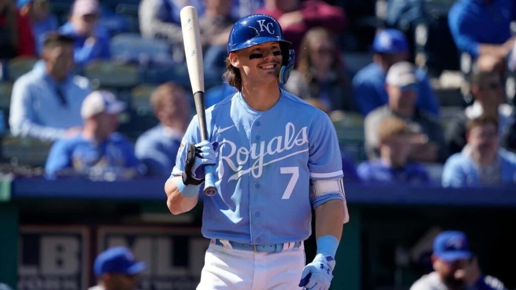 Bobby Witt Jr in Kansas City Royals uniform preparing to swing during baseball game wallpaper