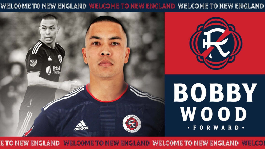 Bobby Wood in New England Revolution jersey with bold graphics and club logo background wallpaper