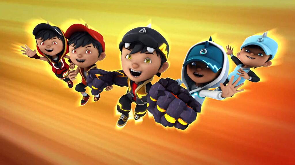 Boboiboy and friends in powerful elemental forms vibrant action-packed dynamic HD wallpaper
