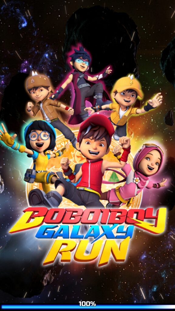 Boboiboy Galaxy Run characters in action with vibrant space background wallpaper design