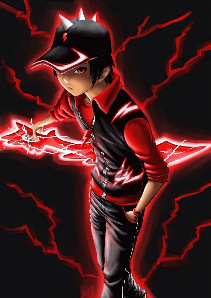 Boboiboy Thunderstorm Form with red lightning and dark energetic background dynamic wallpaper