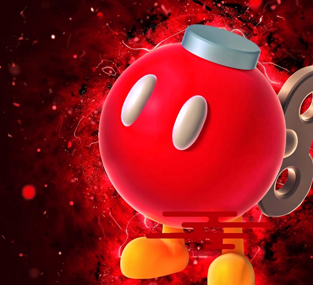 Bob-omb from Mario exploding with fiery red burst vibrant colors dramatic wallpaper background