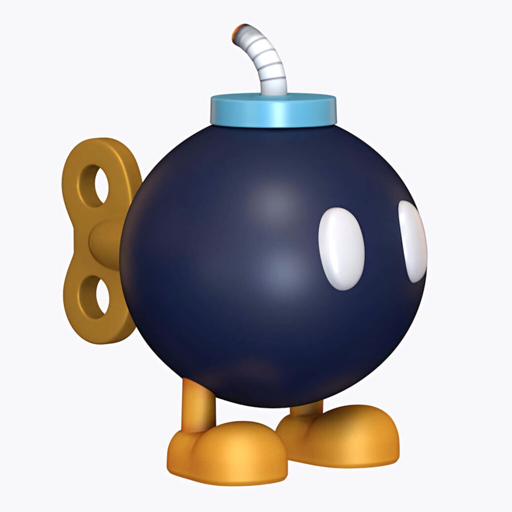 High definition wallpaper of iconic Super Mario Bob-omb with wind-up key and vibrant cartoon eyes