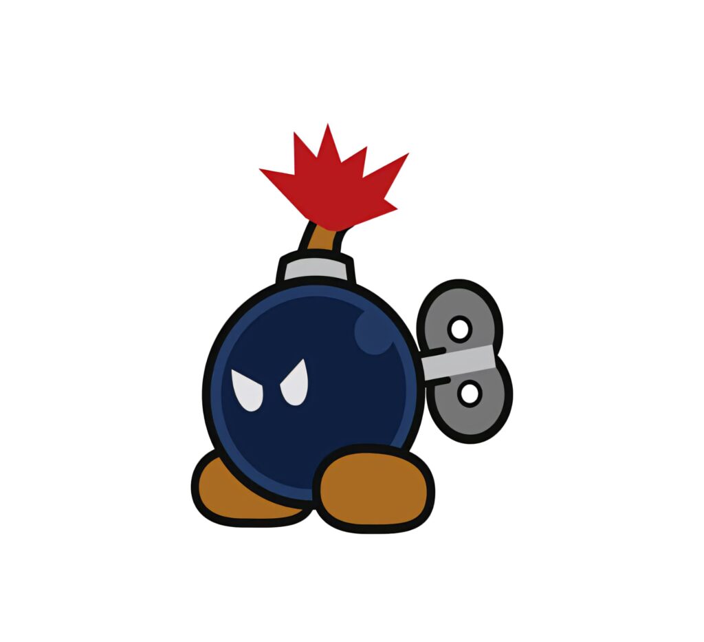 Bob-omb Mario character with wind-up key and red fuse on white background wallpaper design