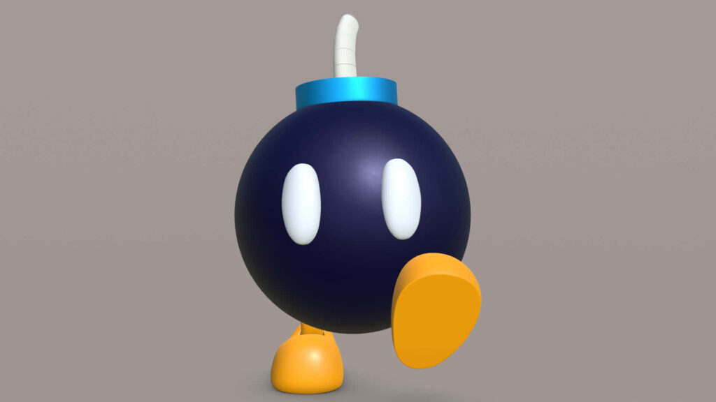 Bob-omb from Mario series with black round body yellow feet and white fuse on wallpaper background