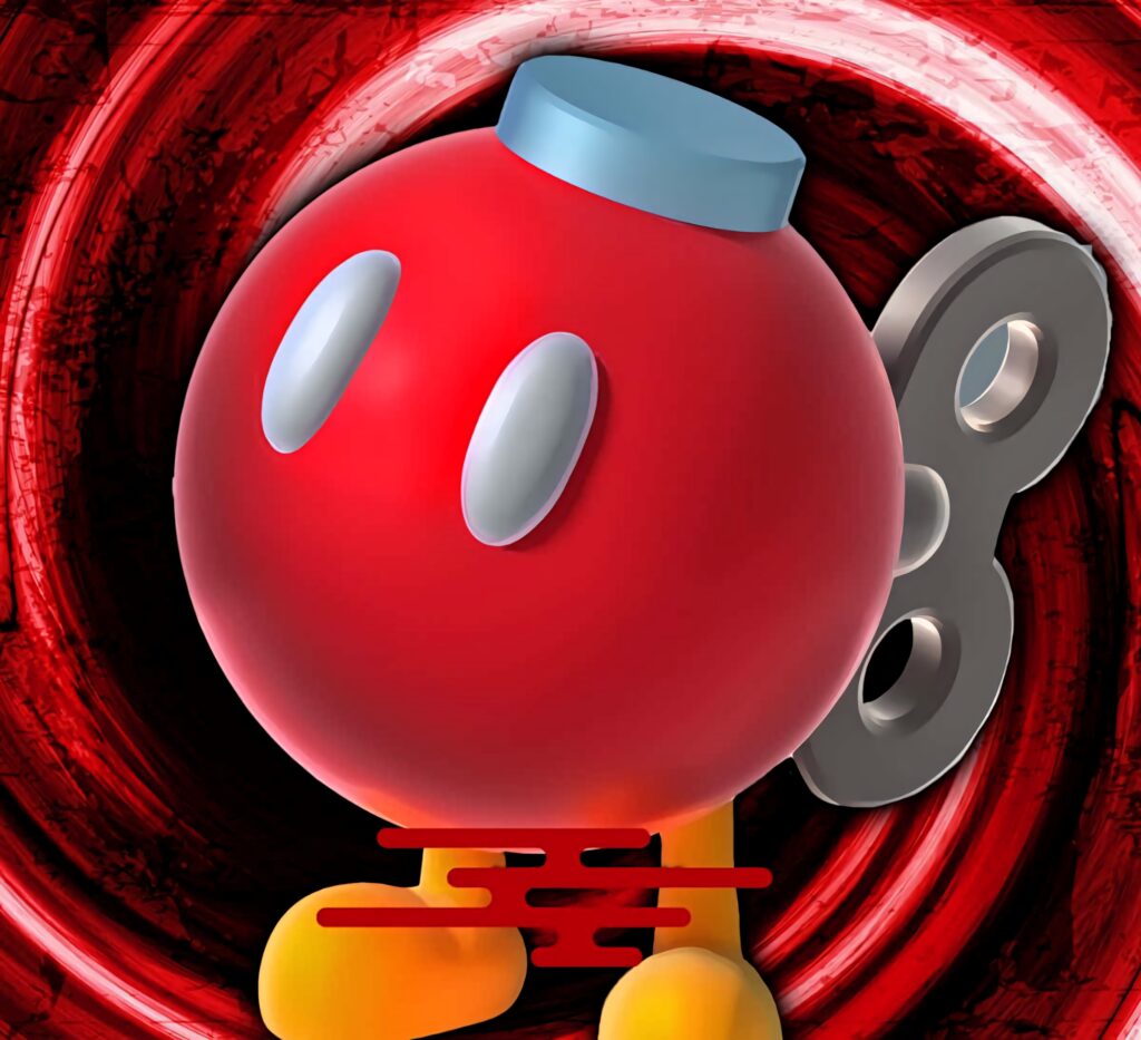 Bob-omb character from Nintendo with dynamic red swirling background explosive game wallpaper