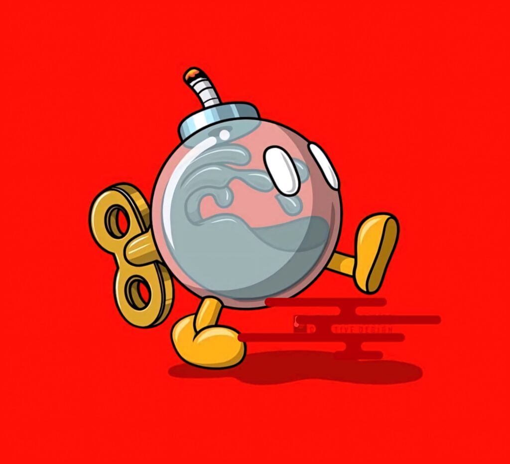Bob-omb in motion with vivid red background capturing intense moment before explosion wallpaper