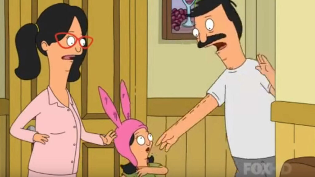 A Heartwarming Moment with the Belcher Family: Bob, Linda, and Louise Engaging in Conversation in the Whimsical World of Bob's Burgers Wallpaper