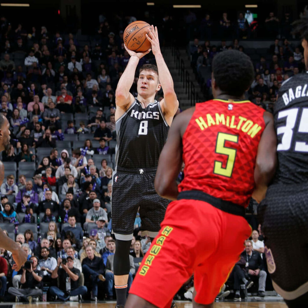 Bogdan Bogdanović shooting jump shot for Sacramento Kings against Atlanta Hawks NBA game action Wallpaper